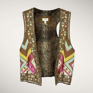 Tasha Polizzi Beaded Sequined Embellished Suede Western Vest Leopard Lining XL